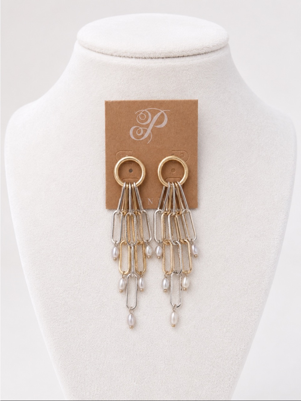 PLUNDER Paperclip Link Pearl & Gold Dangle Earrings 💥🆕💥